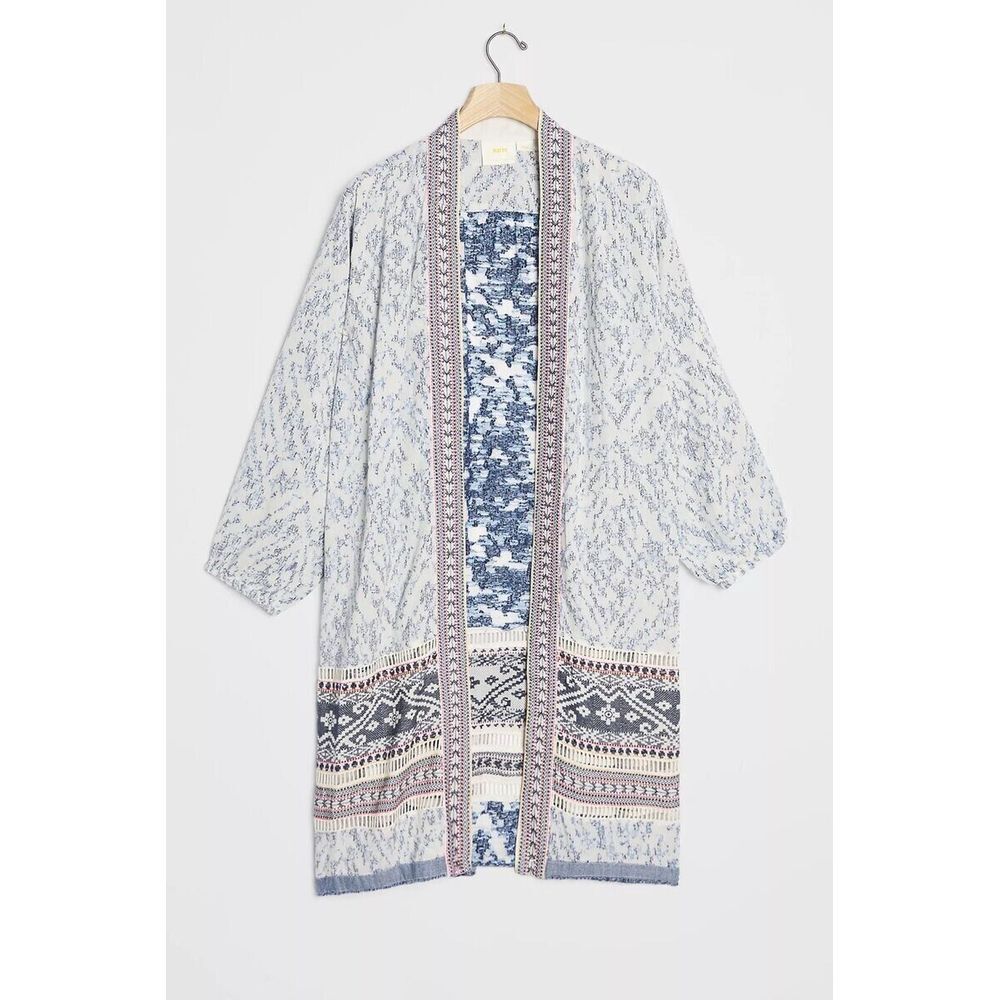 Anthropologie Arwen‎ Open Duster Jacket Size M/L in White, Blue